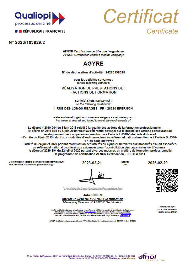 Certificat Qualiopi Agyre Formation